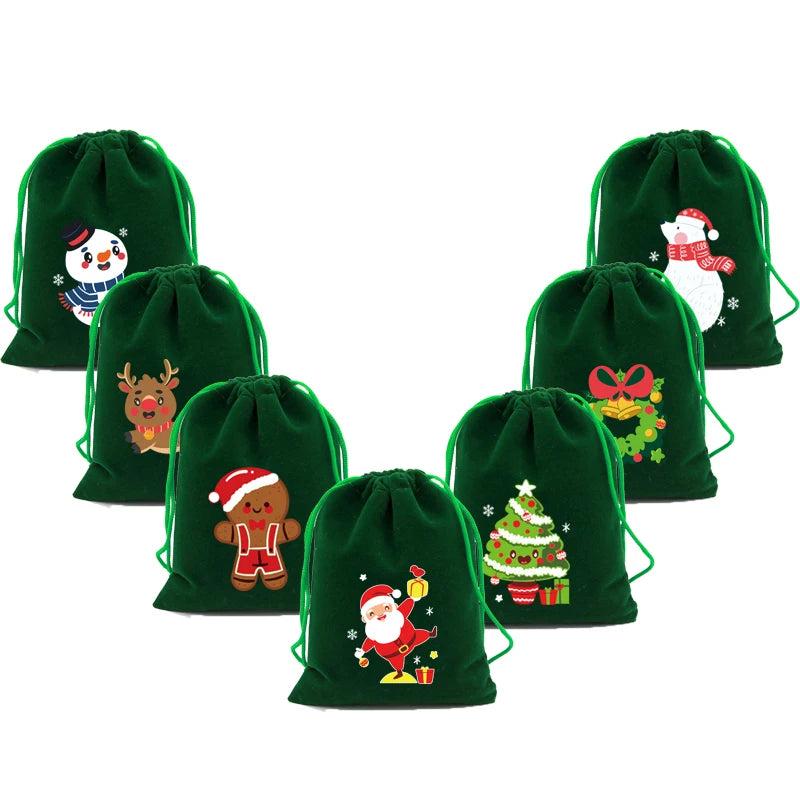 5Pcs Green Christmas Velvet Bags 9x12 13x18cm Drawstring Pouch Candy Gift Bag