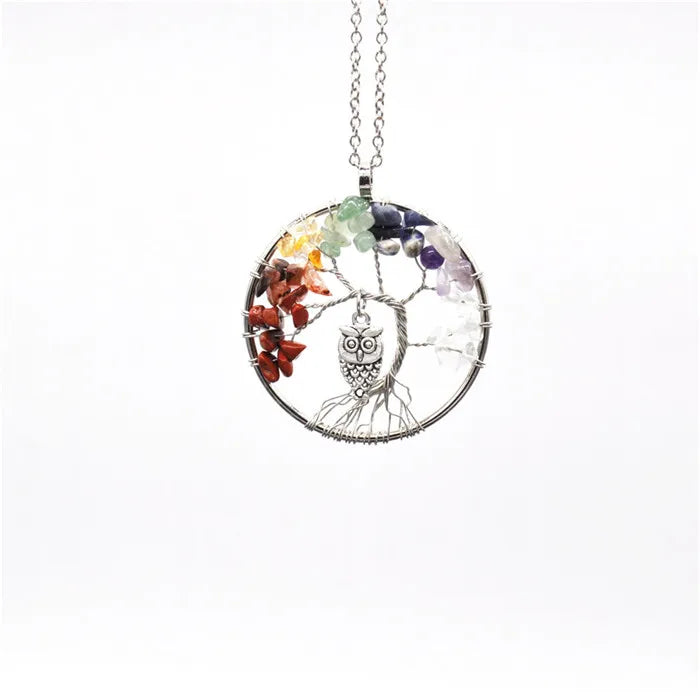 6pcs Owls Tree Of Life Pendant Necklace Green Turquoises Natural Stone