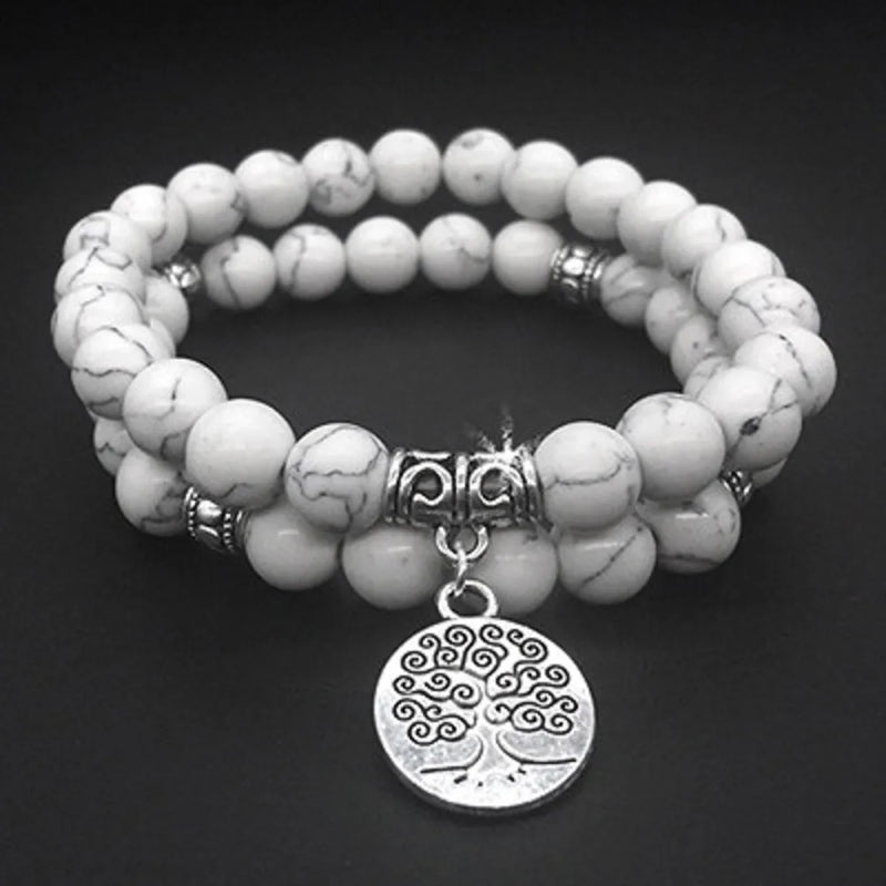 8mm Howlite Beads Bracelet Tree of Lift Pendant Chakra Yoga Unisex