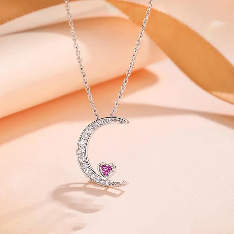 Sweet Moon Love Pendant Necklace Sterling Silver Women Christmas Jewelry