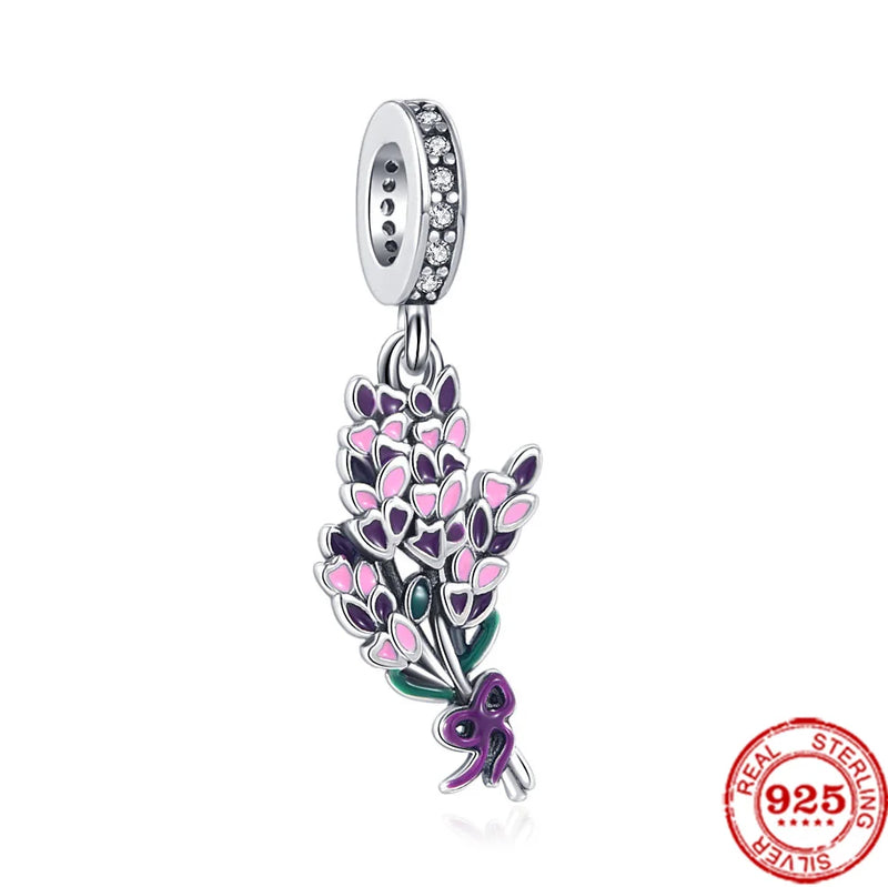 925 Silver Flower Clover Plum Peach Blossom Bow Charms Beads Bracelet