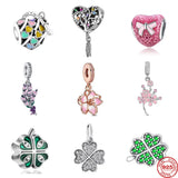 925 Silver Flower Clover Plum Peach Blossom Bow Charms Beads Bracelet