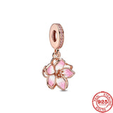 925 Silver Flower Clover Plum Peach Blossom Bow Charms Beads Bracelet