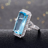 925 Silver Rectangle Sapphire Ring with Zircon Stones for Women