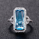 925 Silver Rectangle Sapphire Ring with Zircon Stones for Women