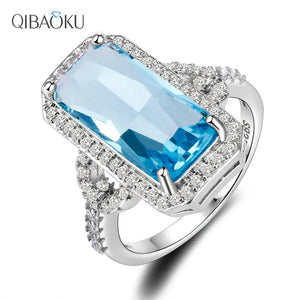 925 Silver Rectangle Sapphire Ring with Zircon Stones for Women