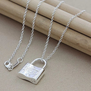 925 Silver Pendant Necklace Women Square Lock Jewelry