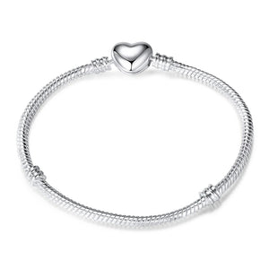 925 Silver Heart Clasp Snake Chain Bracelet for Charms Bangle DIY