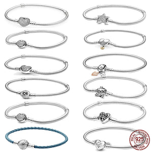 925 Silver Heart Clasp Snake Chain Bracelet for Charms Bangle DIY