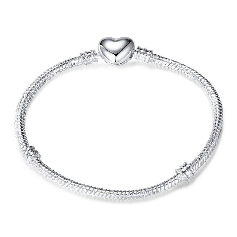 925 Silver Heart Clasp Snake Chain Bracelet for Charms Bangle DIY