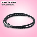 925 Silver Classic Leather Woven Shell Pando Bracelet for Women