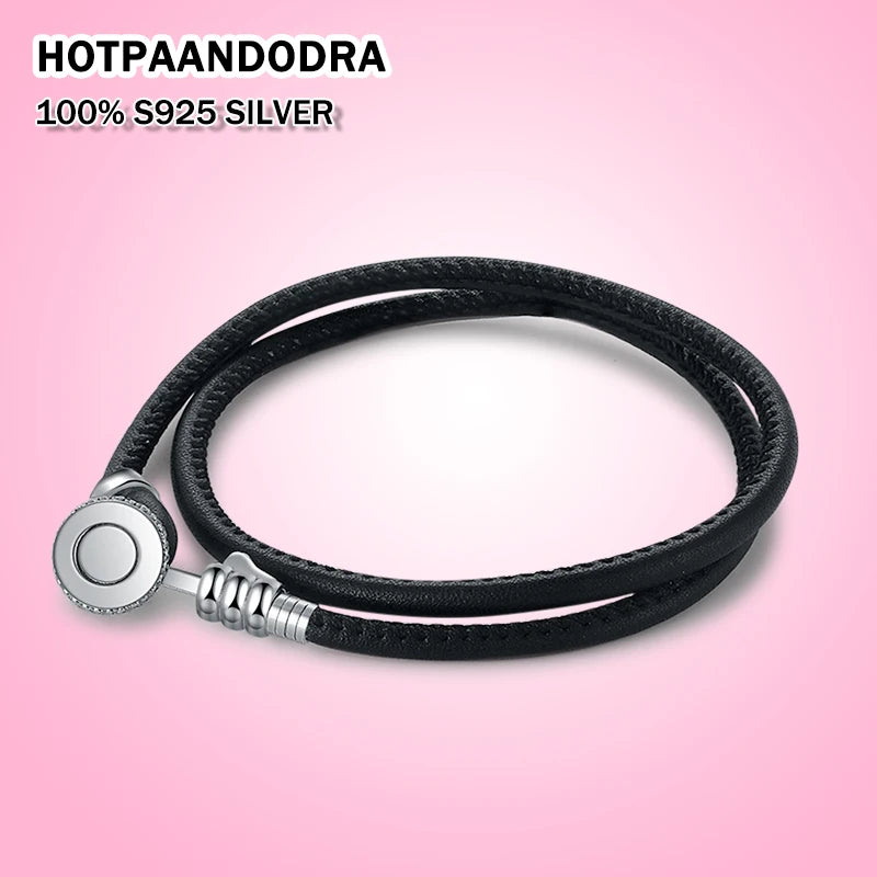925 Silver Classic Leather Woven Shell Pando Bracelet for Women