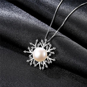 925 Silver Snowflake Necklace with Pearl Pendant for Women