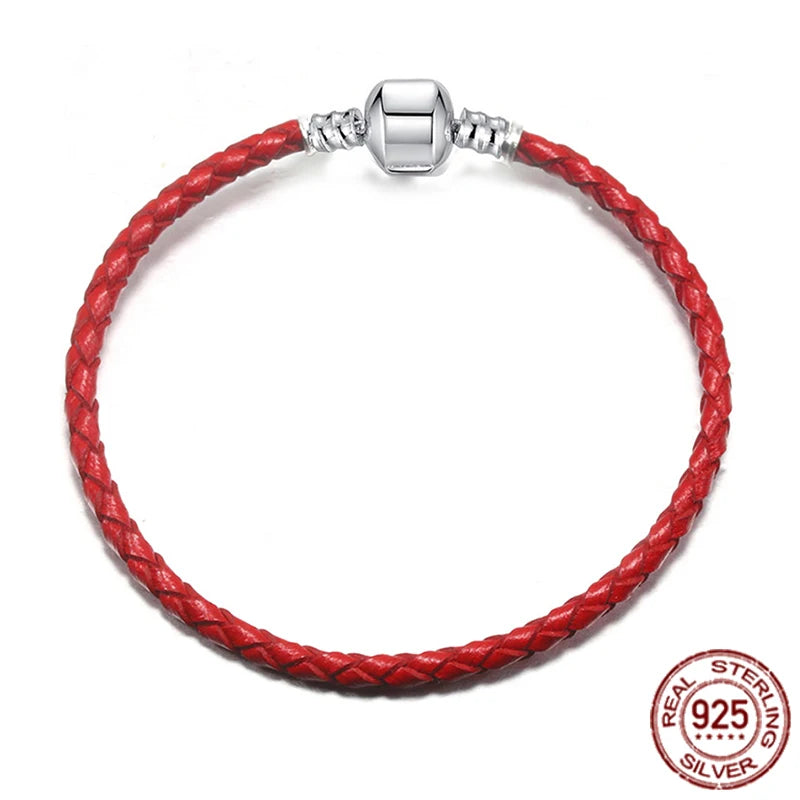 925 Silver Colorful Leather Rope Bracelet for DIY Women's Jewelry