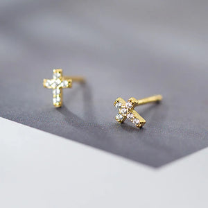 925 Silver Rhinestone Cross Stud Earrings Women's Party Jewelry