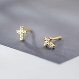 925 Silver Rhinestone Cross Stud Earrings Women's Party Jewelry