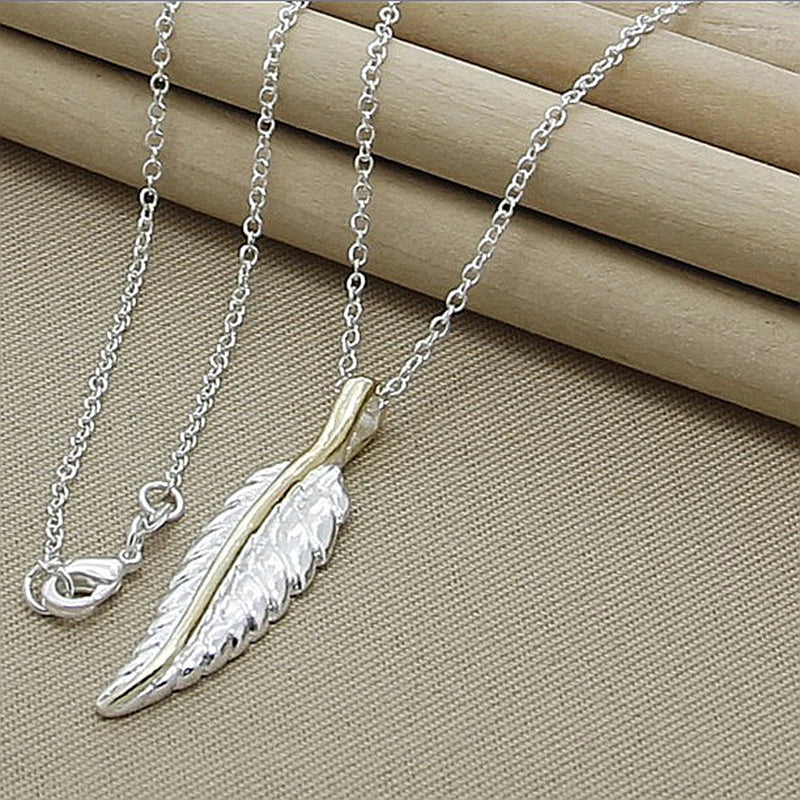 925 Silver Feather Necklace for Women Pendant Chain Jewelry
