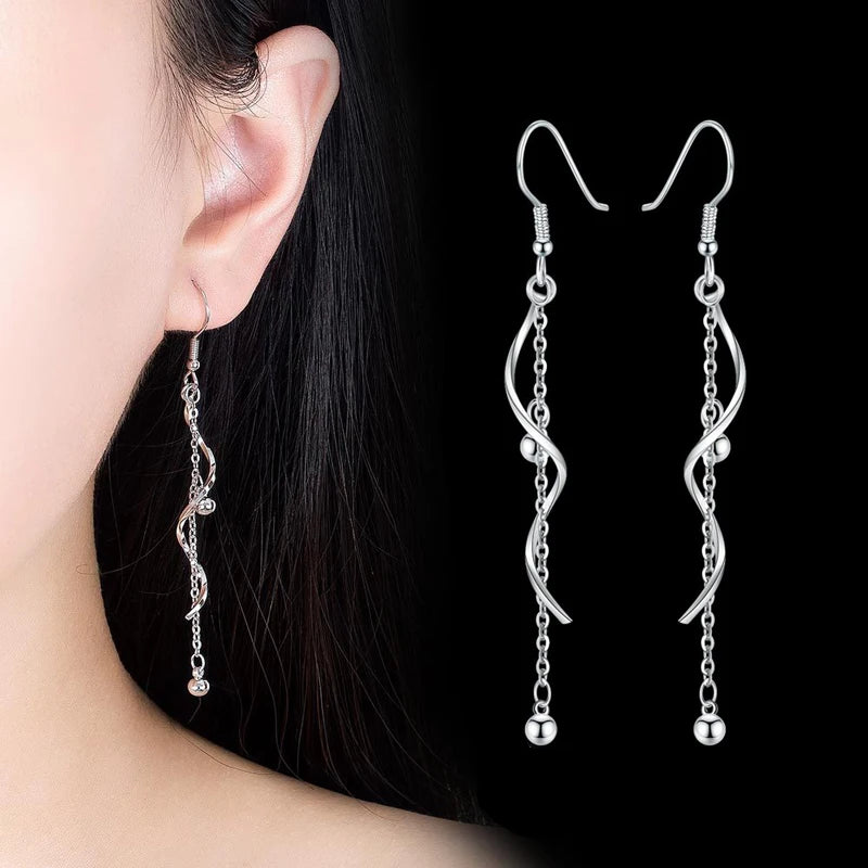 925 Silver Spiral Wave Tassel Chain Drop Earrings Banquet Party Jewelry