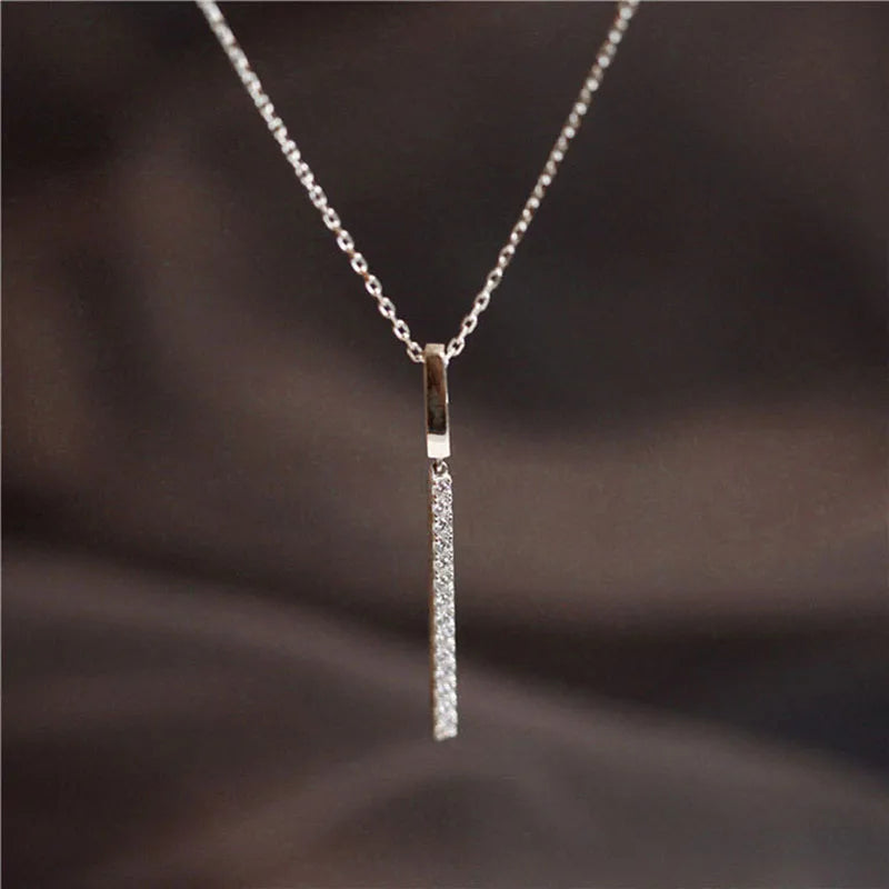 925 Silver Geometric Stick Pendant Necklace with Zircon Clavicle Chain