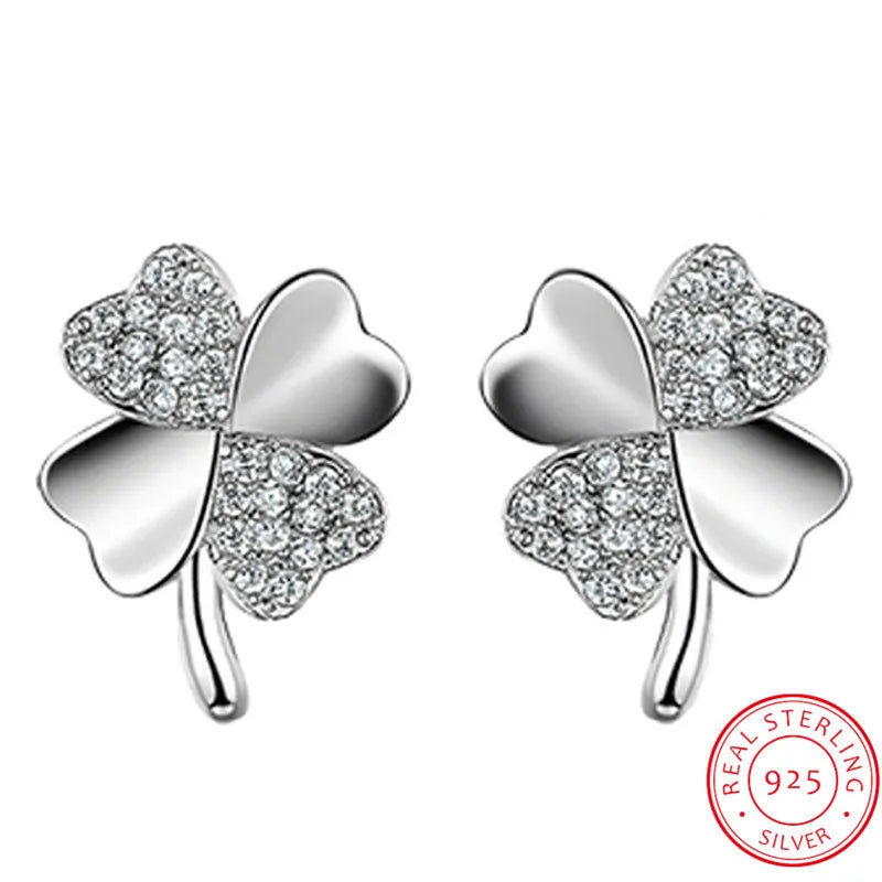 925 Sterling Silver Heart Earring Lucky Clover Stud Earring For Women