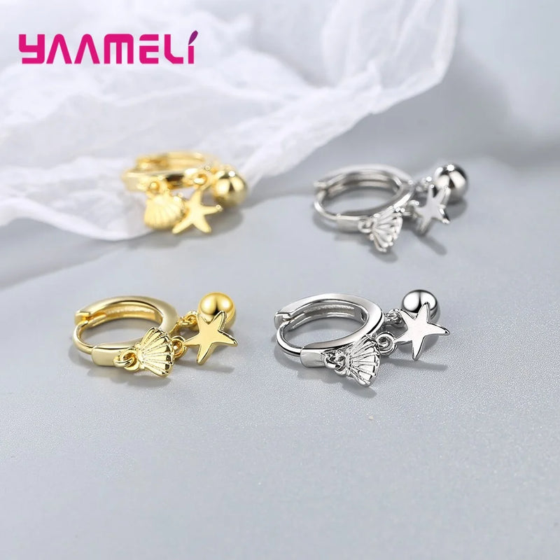 925 Silver Hoop Earrings Sea Shells Starfish Pendant Brincos Jewelry