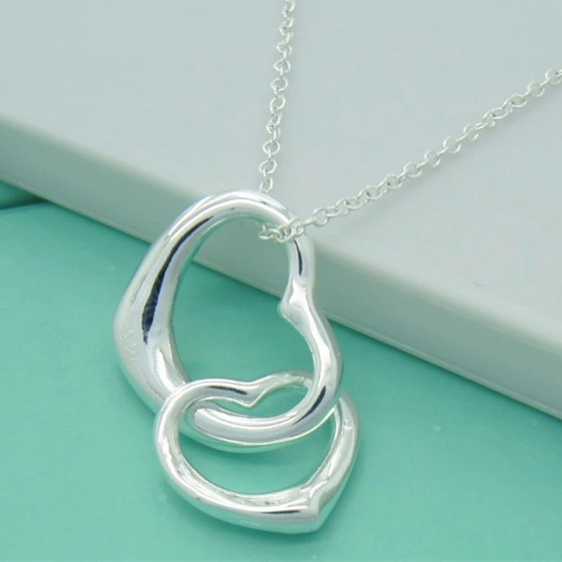 925 Silver Double Heart Pendant Necklace Women