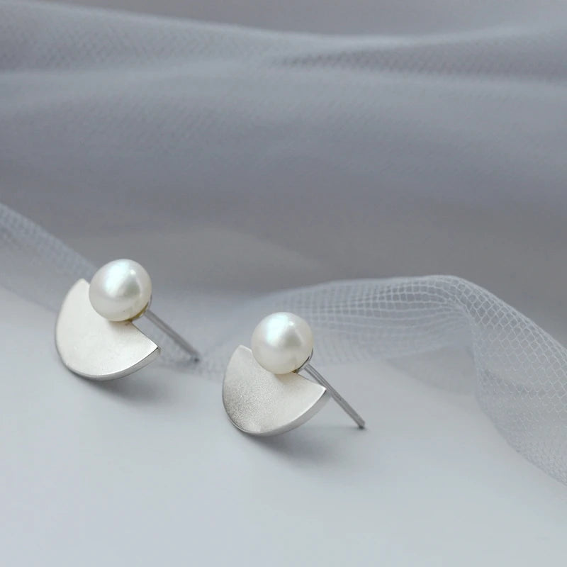 925 Silver Natural Pearl Handwork Half Round Earring