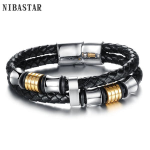 Double Layer Leather Bracelet Men Bangle Stainless Steel Men Jewelry
