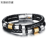 Double Layer Leather Bracelet Men Bangle Stainless Steel Men Jewelry