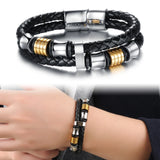 Double Layer Leather Bracelet Men Bangle Stainless Steel Men Jewelry