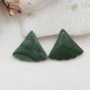 Carved African Jade Feather Earring Beads, Semiprecious Jewelry 28x23x4mm
