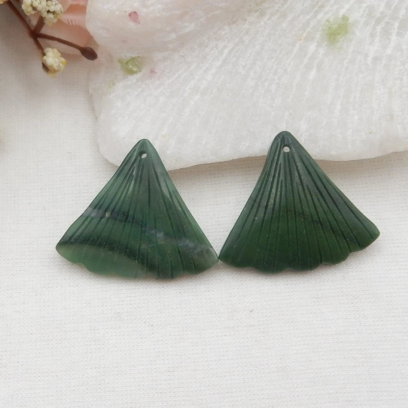 Carved African Jade Feather Earring Beads, Semiprecious Jewelry 28x23x4mm