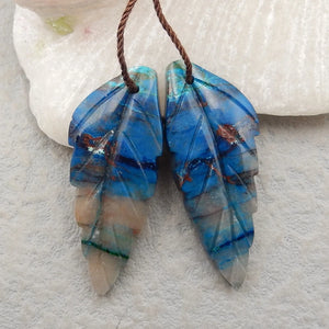 Carved Chrysocolla Leaf Gemstone Earrings Bead 34x14x5mm