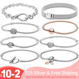 925 Silver Charms Heart Round Bracelet Snake Chain Pendant Beads Women Jewelry