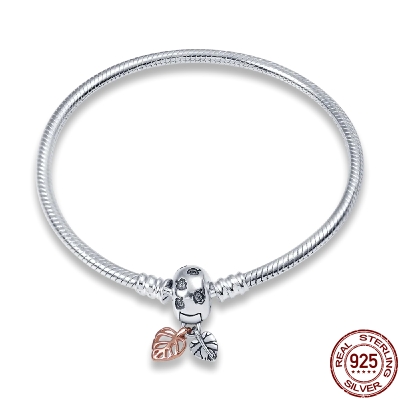 925 Silver Charms Heart Round Bracelet Snake Chain Pendant Beads Women Jewelry