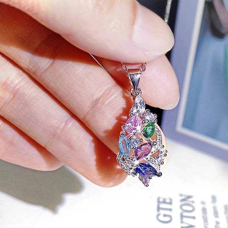 Crystal Stone Pendant Necklace Multicolor Zirconia Clavicle Chain