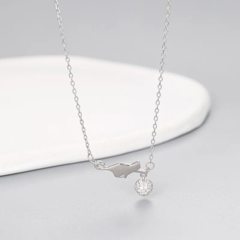 925 Sterling Silver Cat Rhinestone Shine Ball Pendant Necklace