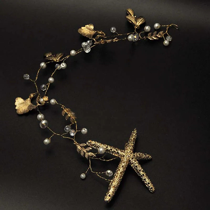Starfish Crystal Pearls Hairband Tiara Crown Bride Wedding Decor