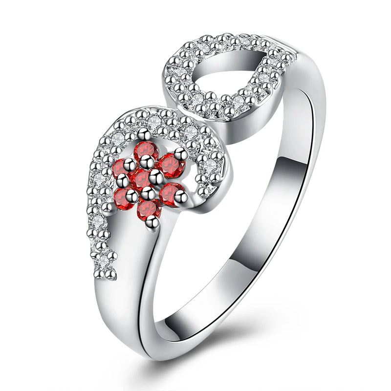 Flower-Shaped Garnet Crystal Ring 925 Silver Size 8