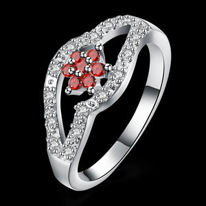 Garnet Crystal Flower Ring 925 Silver Size 8
