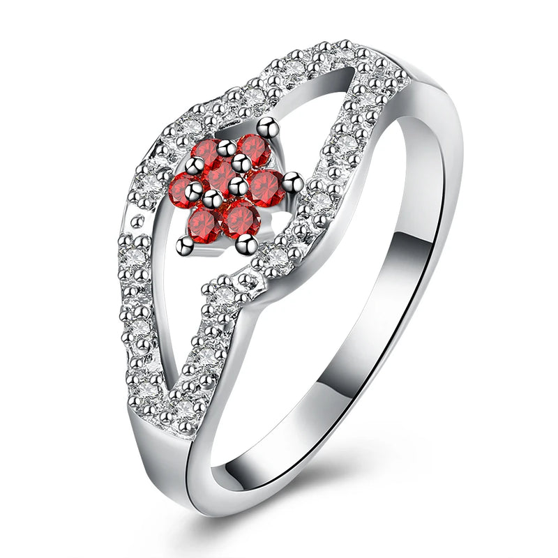 Garnet Crystal Flower Ring 925 Silver Size 8