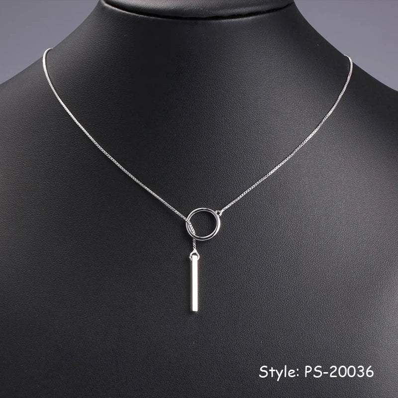 925 Silver Long Tube Collarbone Necklace Round Heart Triangle Pendant