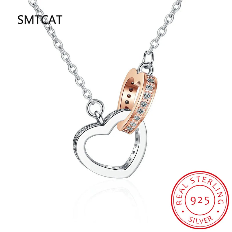 925 Silver Double Love Heart Zircon Pendant Necklace