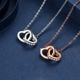 Double Heart Zircon Pendant Necklace 925 Sterling Silver Rose Rhinestone Jewelry