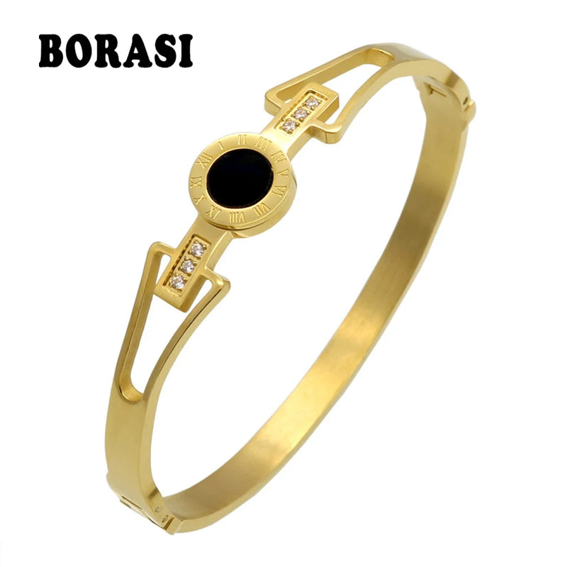 Titanium Steel Crystal Bangles Roman Numerals Bracelet