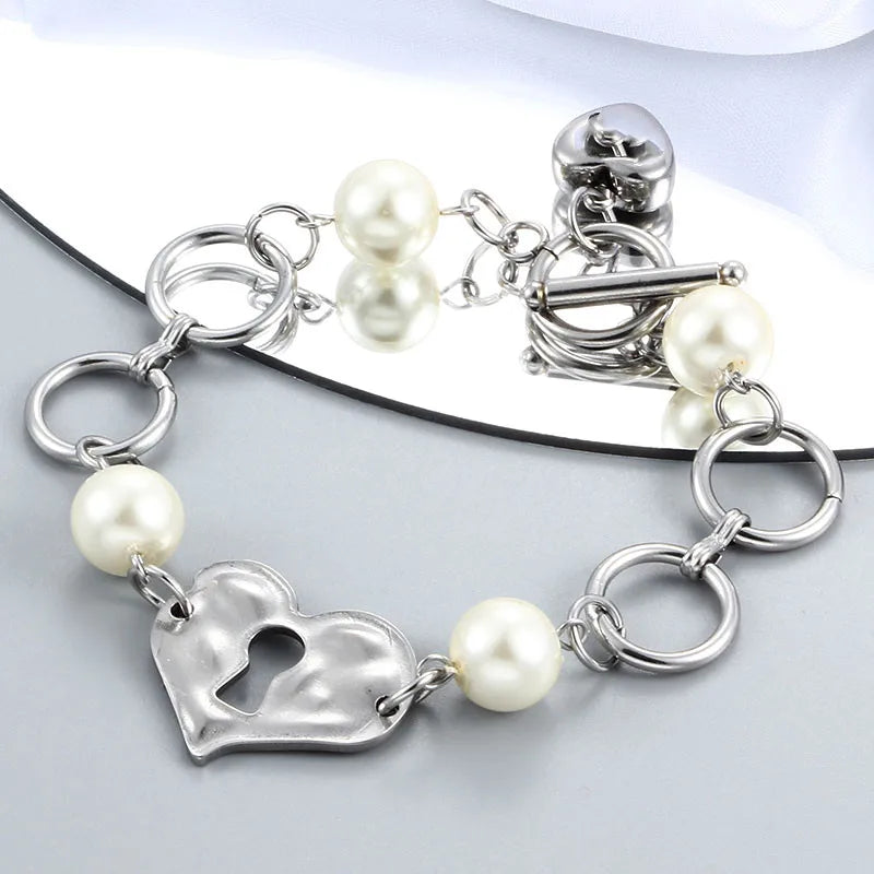 Punk Silver Stainless Steel Cross Stars Key Lock Chain Bracelet