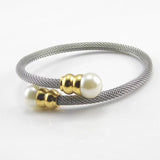 Women's Rose Cable Wire Cuff Titanium Steel Pearl Bangle Bracelet