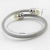 Women's Rose Cable Wire Cuff Titanium Steel Pearl Bangle Bracelet