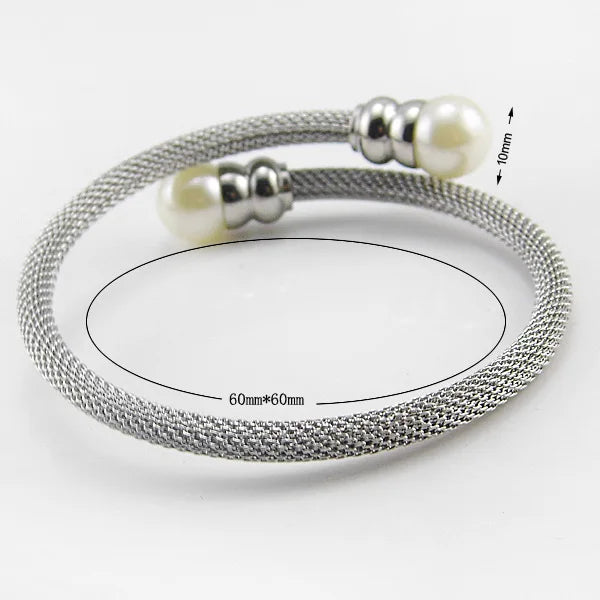 Women's Rose Cable Wire Cuff Titanium Steel Pearl Bangle Bracelet