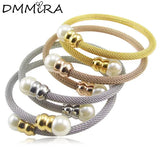 Women's Rose Cable Wire Cuff Titanium Steel Pearl Bangle Bracelet